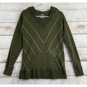 Hemp Hoodlamb V-Neck Pullover Striped Hoodie‎ Sweatshirt Women's Size M Green